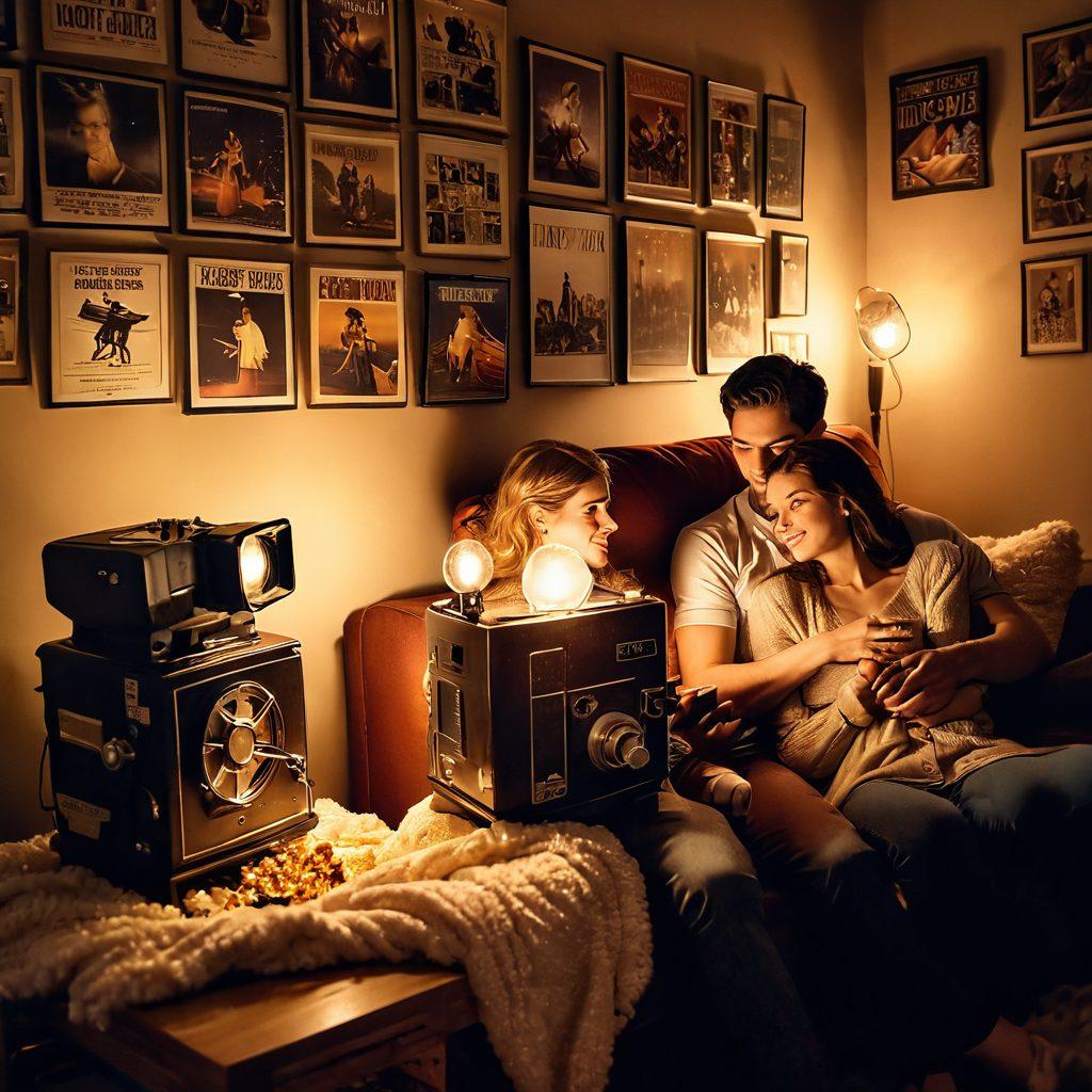 A cozy, inviting scene featuring a vintage film projector casting a warm glow, surrounded by a collection of framed movie posters depicting classic romantic films. On a soft couch, a couple can be seen sharing popcorn, laughing and enjoying the moment. Twinkling fairy lights add a magical ambiance. This enchanting setting evokes the essence of love stories and memorable cinematic moments. super-realistic. warm tones. soft focus.