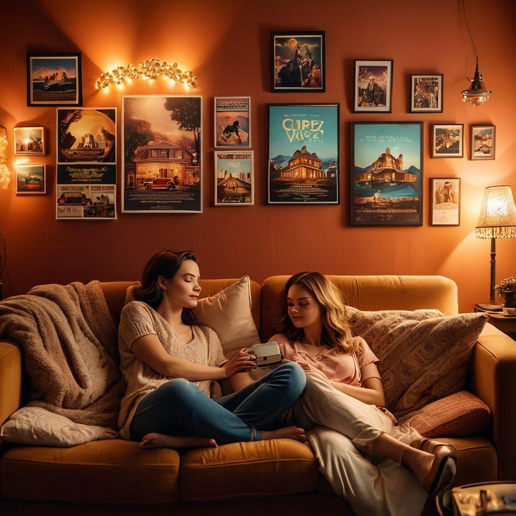 A cozy cinema setting featuring a vintage projector casting a romantic movie scene, surrounded by an eclectic mix of blockbuster and indie film posters on the walls. A couple snuggles on a couch with popcorn, illuminated by the warm glow of the screen, creating an inviting and nostalgic atmosphere. Soft fairy lights hang above them, enhancing the whimsical vibe. super-realistic. warm colors. cinematic style.